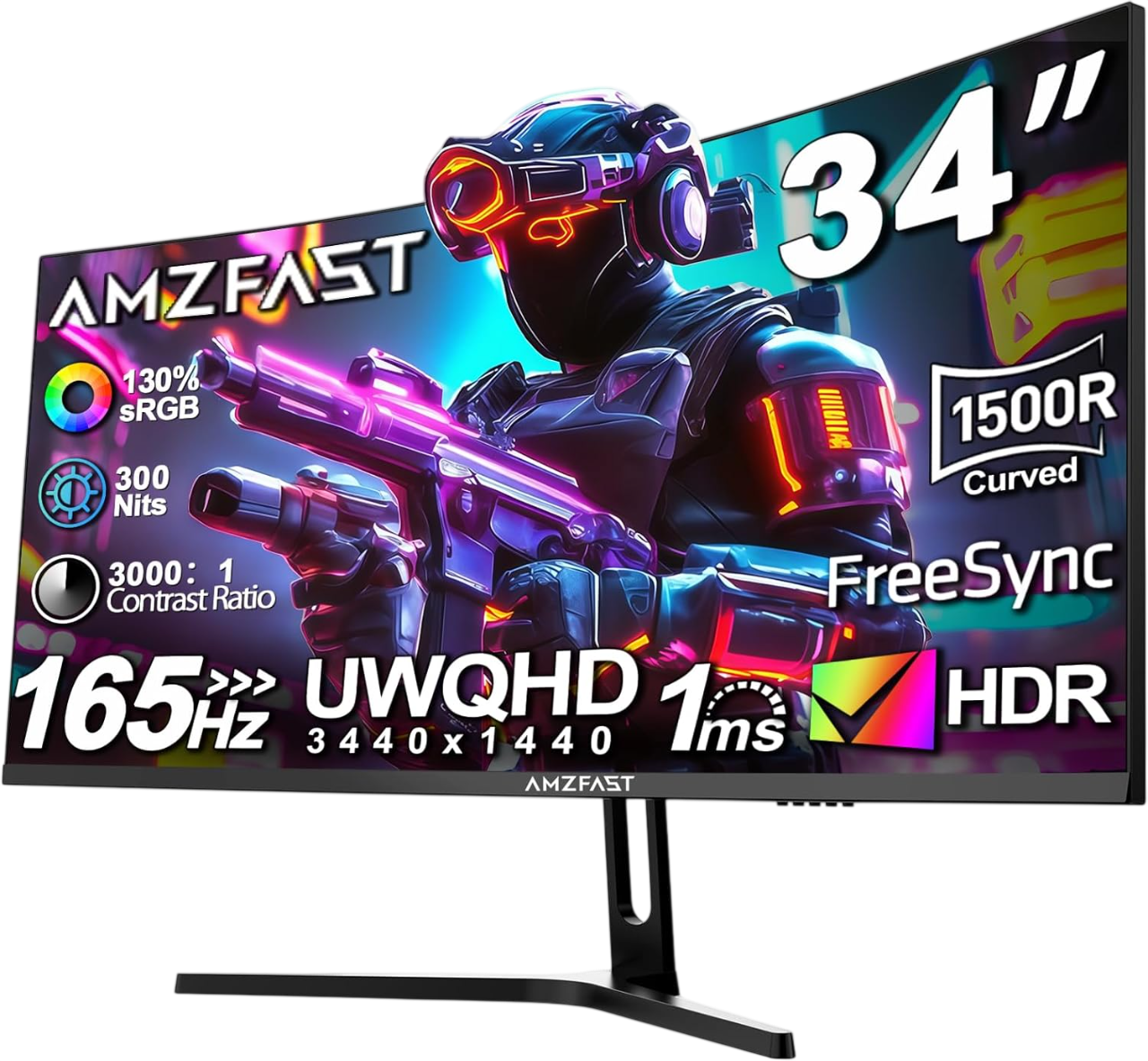AMZFAST 34 inch Ultrawide Curved Gaming Monitor 165Hz UWQHD