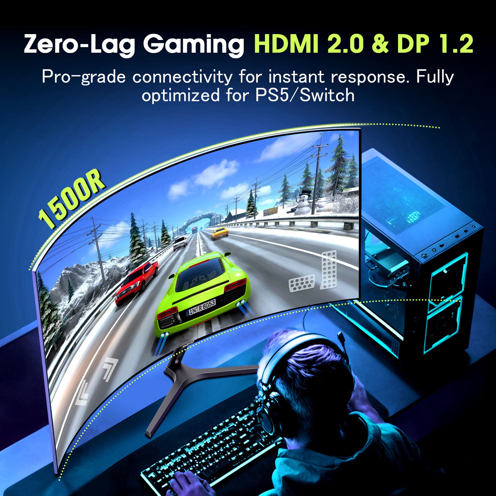 AMZFAST 27 inch Curved Gaming Monitor 180Hz QHD 2560x1440 1ms MPRT